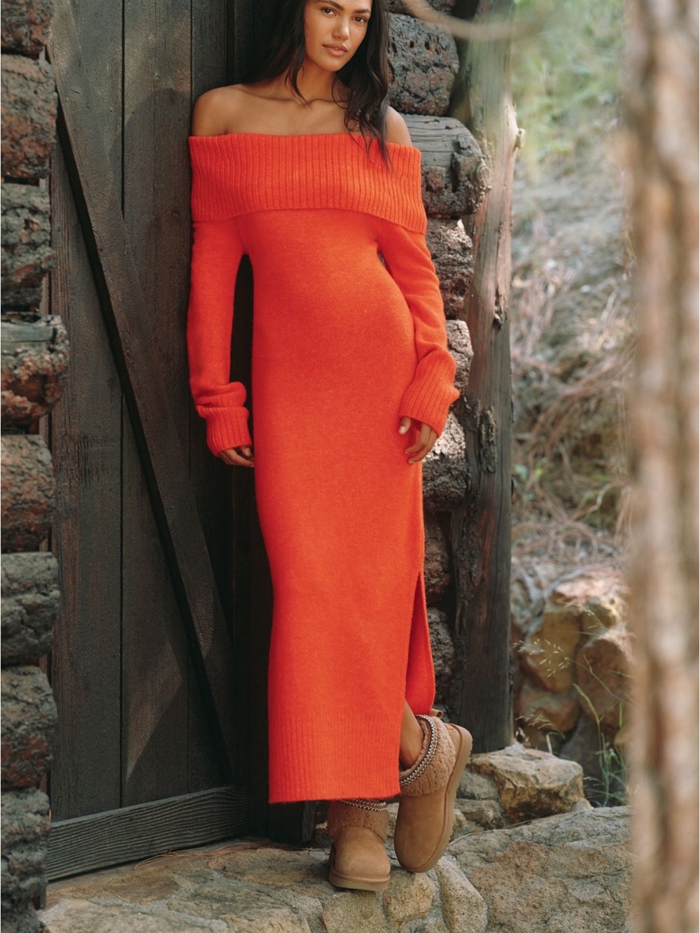 Off-Shoulder Long Sleeve Knit Dress in Bright Orange
